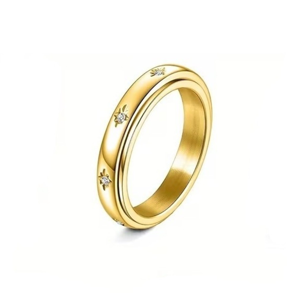 Gold Tone Stainless Steel Spinner Ring Starburst Cubic Zirconia Fidget Size 6